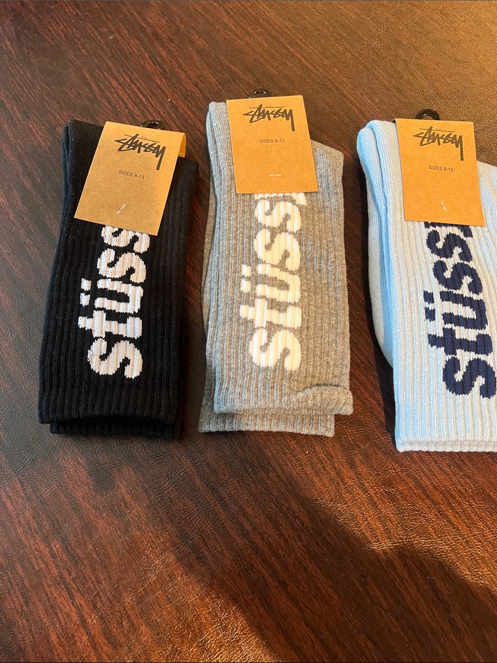 Stussy Crew Socks Trio in Black, Gray & Light Blue